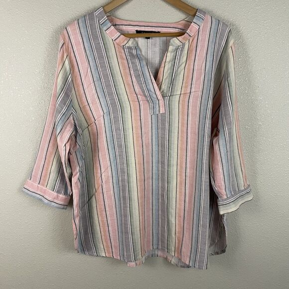 Tahari Womens 1X Striped Linen Blend Multicolor V Neck 3/4 Sleeve - Picture 1 of 4